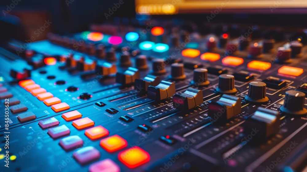 Close-up of audio mixing console with glowing lights Close-up of audio mixing console with glowing lights