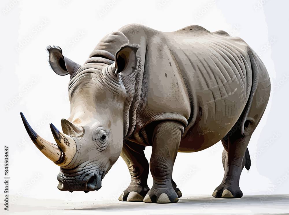 a rhinoceros is standing on a white surface