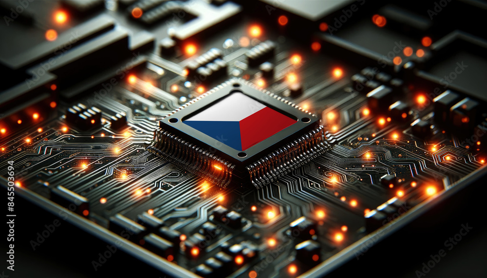 A microchip with the Czech flag embedded on a circuit board, symbolizing Czech technological innovation and advancement A microchip with the Czech flag embedded on a circuit board, symbolizing Czech technological innovation and advancement