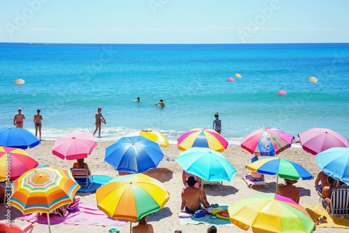 A lively beach scene with colorful umbrellas, beach towels, and people enjoying a sunny day, with the blue ocean in the background and vibrant beach decorations.
