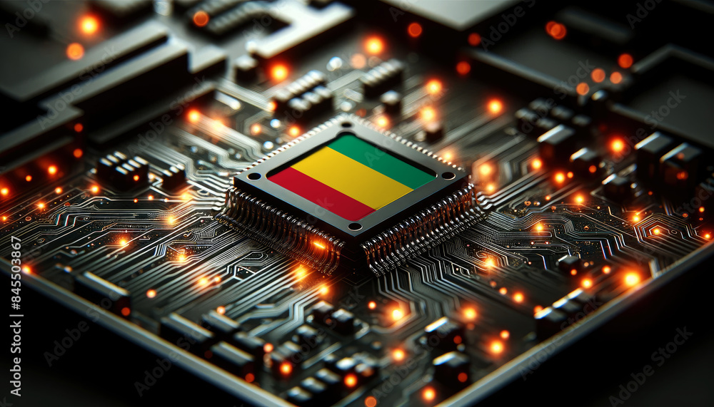 A microchip with the Guinea flag embedded on a circuit board, symbolizing Guinea technological innovation and advancement A microchip with the Guinea flag embedded on a circuit board, symbolizing Guinea technological innovation and advancement