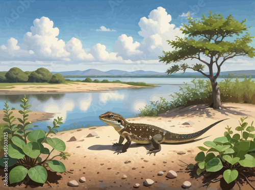 a painting of a lizard on a sandy beach