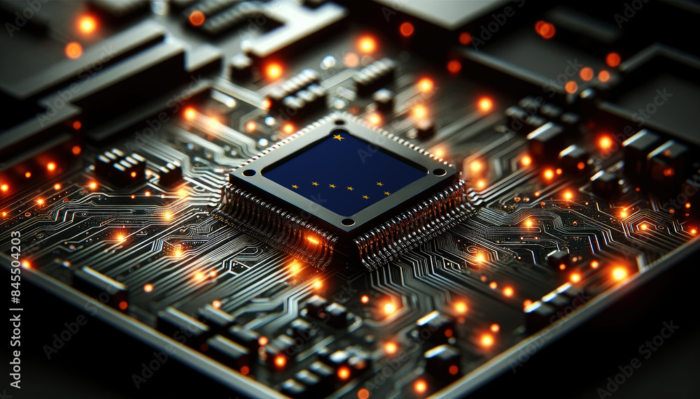A microchip with the Alaska flag embedded on a circuit board, symbolizing Alaska technological innovation and advancement A microchip with the Alaska flag embedded on a circuit board, symbolizing Alaska technological innovation and advancement