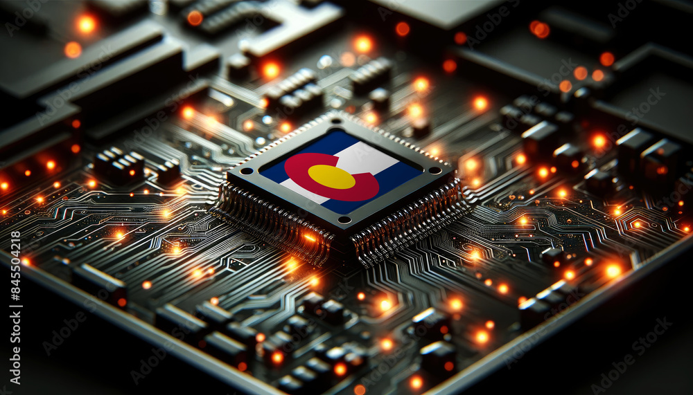 A microchip with the Colorado flag embedded on a circuit board, symbolizing Colorado technological innovation and advancement A microchip with the Colorado flag embedded on a circuit board, symbolizing Colorado technological innovation and advancement