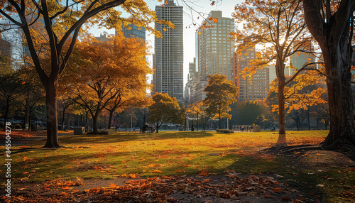 A park with trees and buildings in the background photo