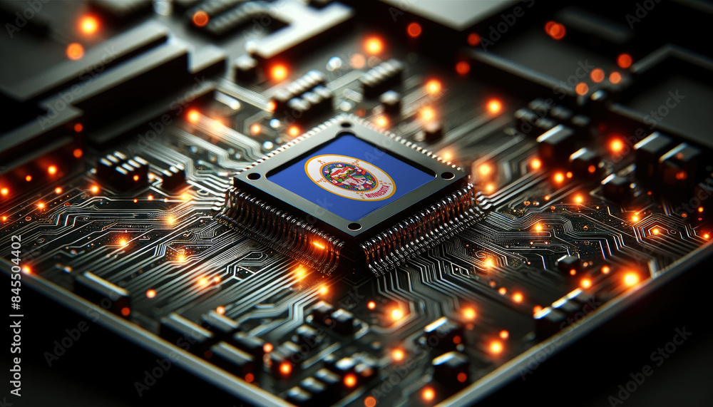 A microchip with the Minnesota flag embedded on a circuit board, symbolizing Minnesota technological innovation and advancement A microchip with the Minnesota flag embedded on a circuit board, symbolizing Minnesota technological innovation and advancement