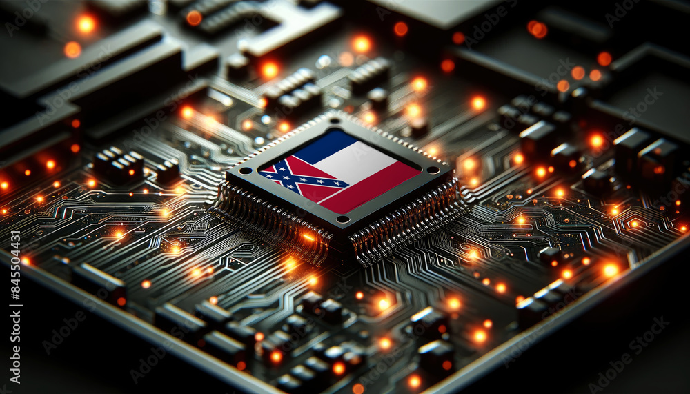 A microchip with the Mississippi flag embedded on a circuit board, symbolizing Mississippi technological innovation and advancement A microchip with the Mississippi flag embedded on a circuit board, symbolizing Mississippi technological innovation and advancement