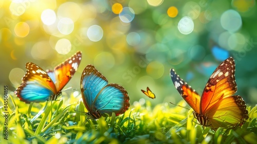 Abstract natural background featuring vibrant green grass and colorful butterflies, creating a lively and serene outdoor scene. AI Generative.