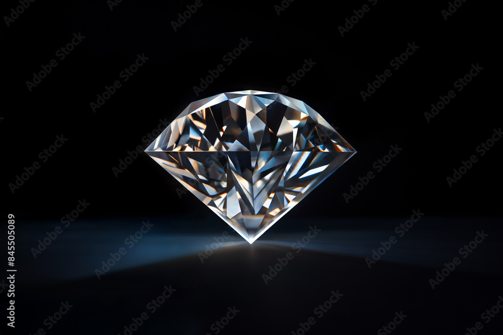 One diamond isolated on black background with shiny light reflected by the clear cut facets of this transparent luxury gemstone. Close-up macro photo with copy space. One diamond isolated on black background with shiny light reflected by the clear cut facets of this transparent luxury gemstone. Close-up macro photo with copy space.