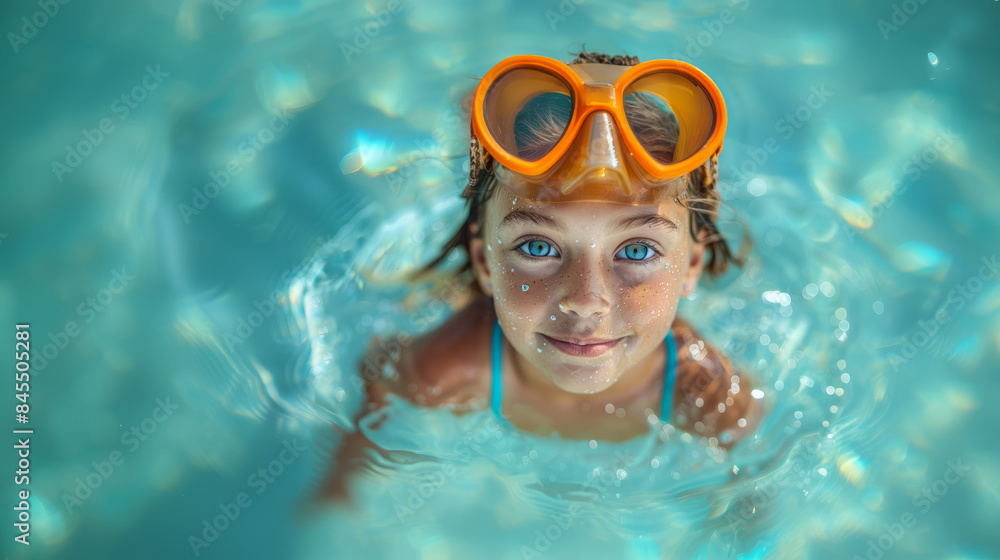 Naklejka premium Cute Little Girl Wearing Snorkel Swimming in a Bright Blue Pool