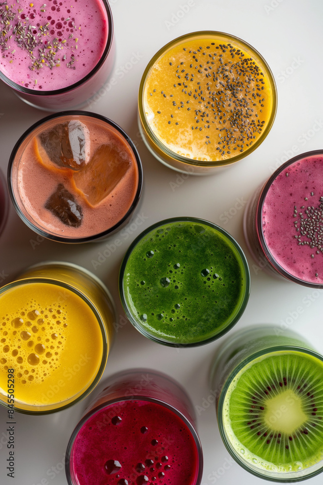 Colorful smoothies on white background. Top view. Colorful smoothies on white background. Top view.