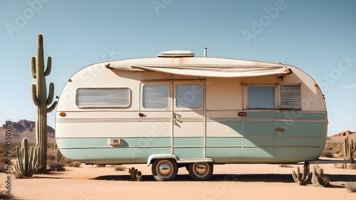A deserted or ancient retro caravan surrounded by cacti and a blank billboard sign serving as a large banner copy space