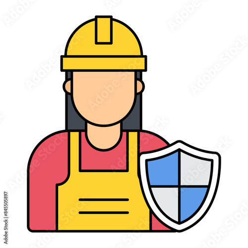 forewoman or foreperson with insurance shield concept, female leader of a work crew vector outline design, Industrial EquipmentSymbol, 1st of MaySign,  International Workers Day stock illustration