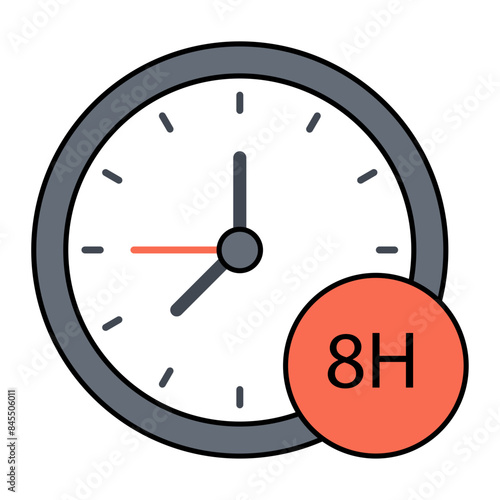 Labours Working 8 Hours Signage concept, Clock with 8h Text vector outline design, Industrial EquipmentSymbol, 1st of May Sign, International Workers Day stock illustration