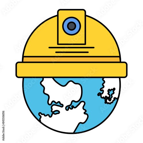 Worlds Labour Day Signage concept, Globe wearing Yellow Helmet vector outline design, Industrial EquipmentSymbol, 1st of May Sign,  International Workers Day stock illustration