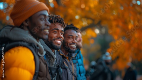 Diverse Group of Male Friends in Sportswear Enjoying a Fall Day Outdoors