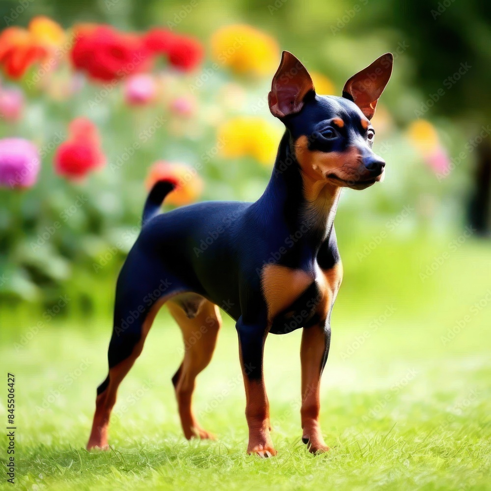 Dwarf Pinscher Standing on Green Lawn Against Flower Beds Dwarf Pinscher Standing on Green Lawn Against Flower Beds