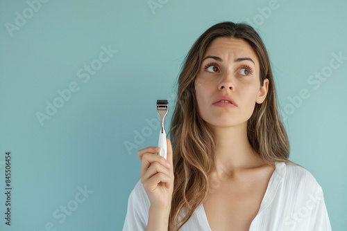 Closeup woman holding a razor and showing emotional contradiction to the razor, standing on the right in white clothes, hair removal concept photo