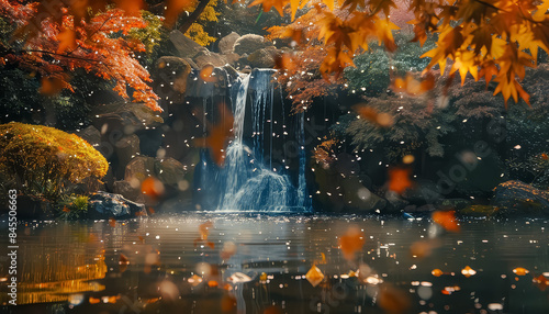A waterfall is surrounded by trees and leaves  creating a serene