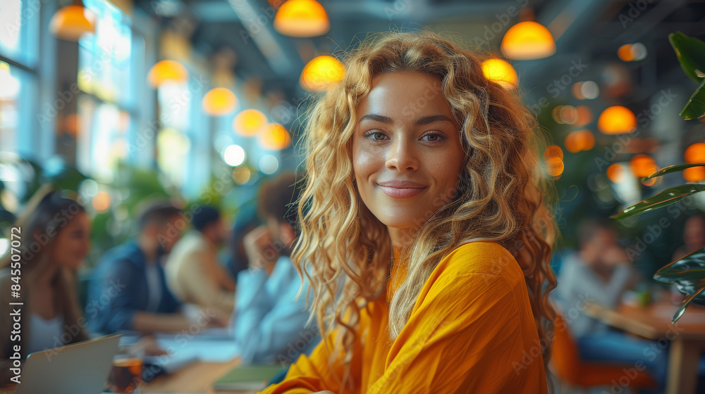 Diverse Businesspeople Working in Modern Office with Focus on Smiling Young Woman Diverse Businesspeople Working in Modern Office with Focus on Smiling Young Woman