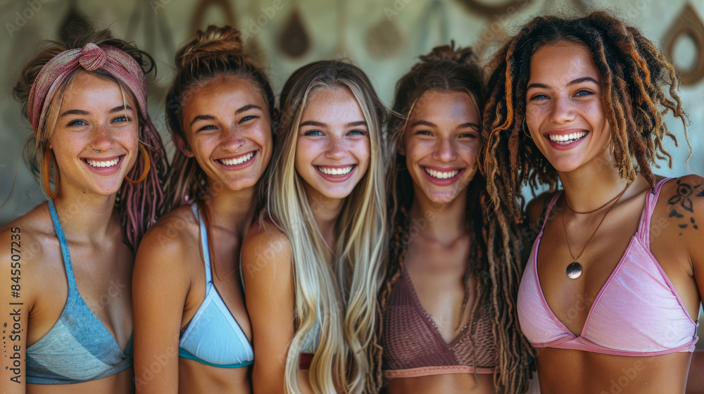 Group of Laughing Young Women in Sportswear Posing Together and Having Fun Group of Laughing Young Women in Sportswear Posing Together and Having Fun
