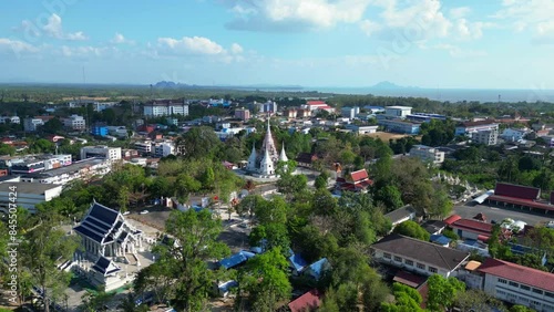 krabi town with Monastery temple on hill. Breathtaking aerial view flight drone photo