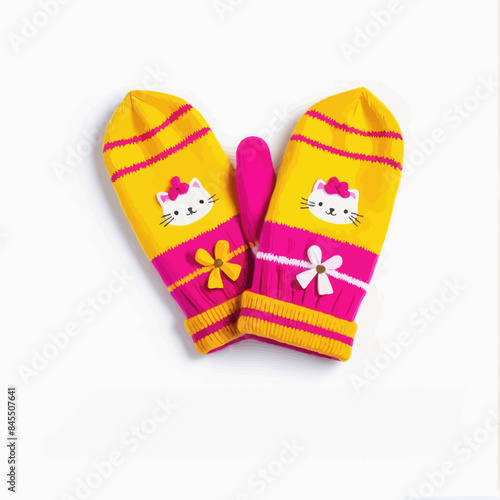 a pair of yellow and pink mittens with a cat on it
