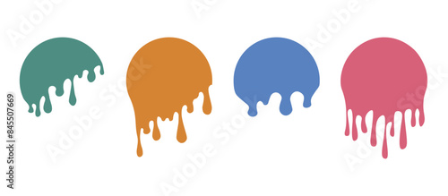 Set of colorful drips circle labels. Paint drip stickers. Current liquid and paint flows. Inkblot