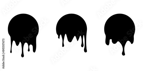 Set of drip circle labels. Paint drip stickers. Black paint liquid. Black inkblot