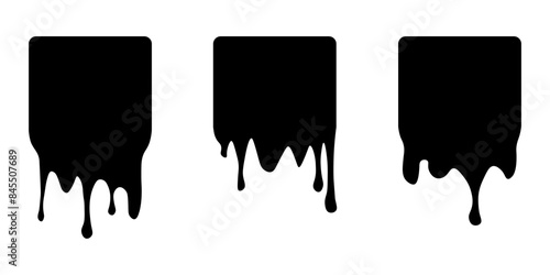Set of drip square labels. Paint drip stickers. Black paint liquid. Black inkblot