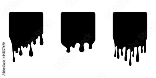 Set of drip square labels. Paint drip stickers. Black paint liquid. Black inkblot