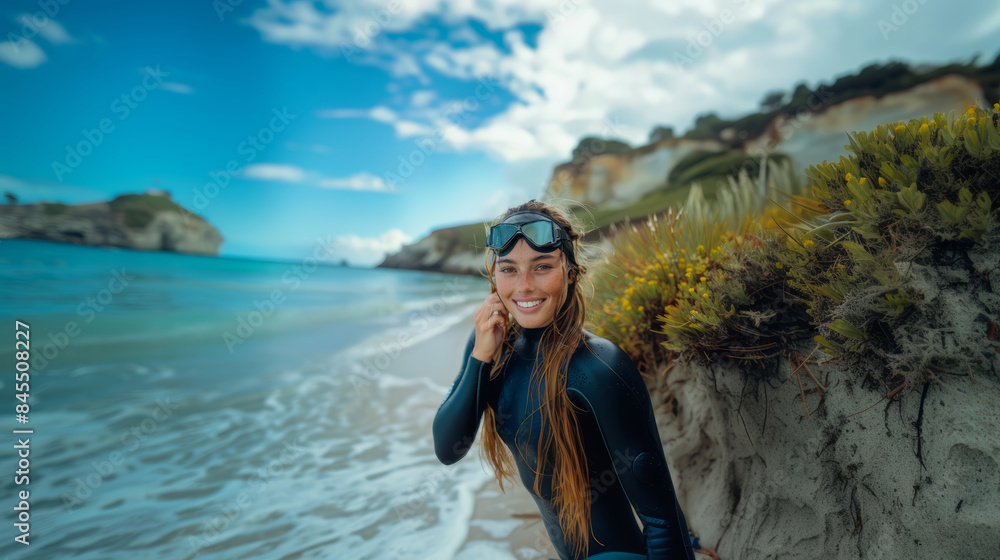 Smiling Woman in Wetsuit and Goggles on Scenic Beach, Enjoying a Summer Day Smiling Woman in Wetsuit and Goggles on Scenic Beach, Enjoying a Summer Day