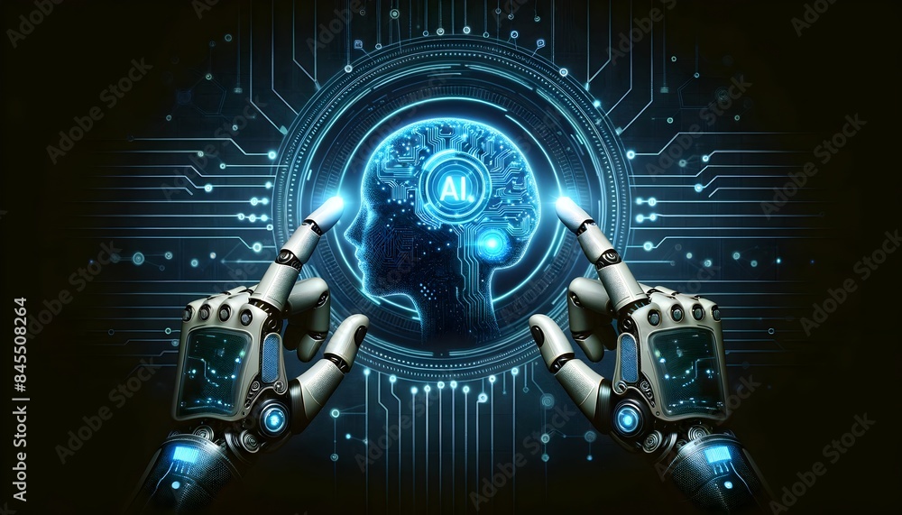 Robotic hands interacting with a digital human brain with AI symbol on a dark background. Futuristic technology and artificial intelligence concept for design and print Robotic hands interacting with a digital human brain with AI symbol on a dark background. Futuristic technology and artificial intelligence concept for design and print