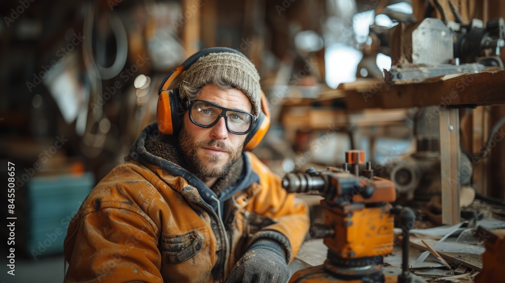Woodworker Wearing Noise-Canceling Ear Muffs Working in Workshop Woodworker Wearing Noise-Canceling Ear Muffs Working in Workshop