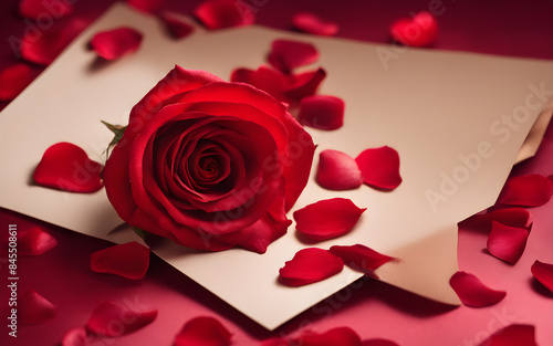 Valentine's Day card on a red velvet background with rose petals, soft romantic lighting, love template © julien.habis