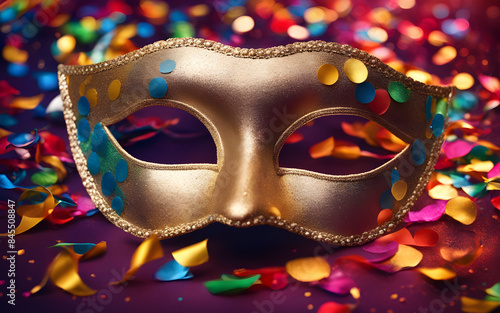 Carnival mask on a vibrant confetti-covered background, bright festive lighting