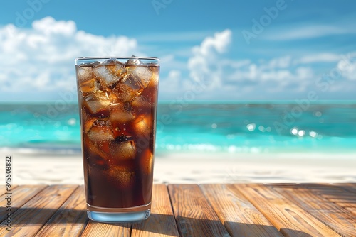 A glass of iced soda with ice cubes stands on a wooden deck, overlooking a pristine beach and the ocean on a sunny day. Generative AI