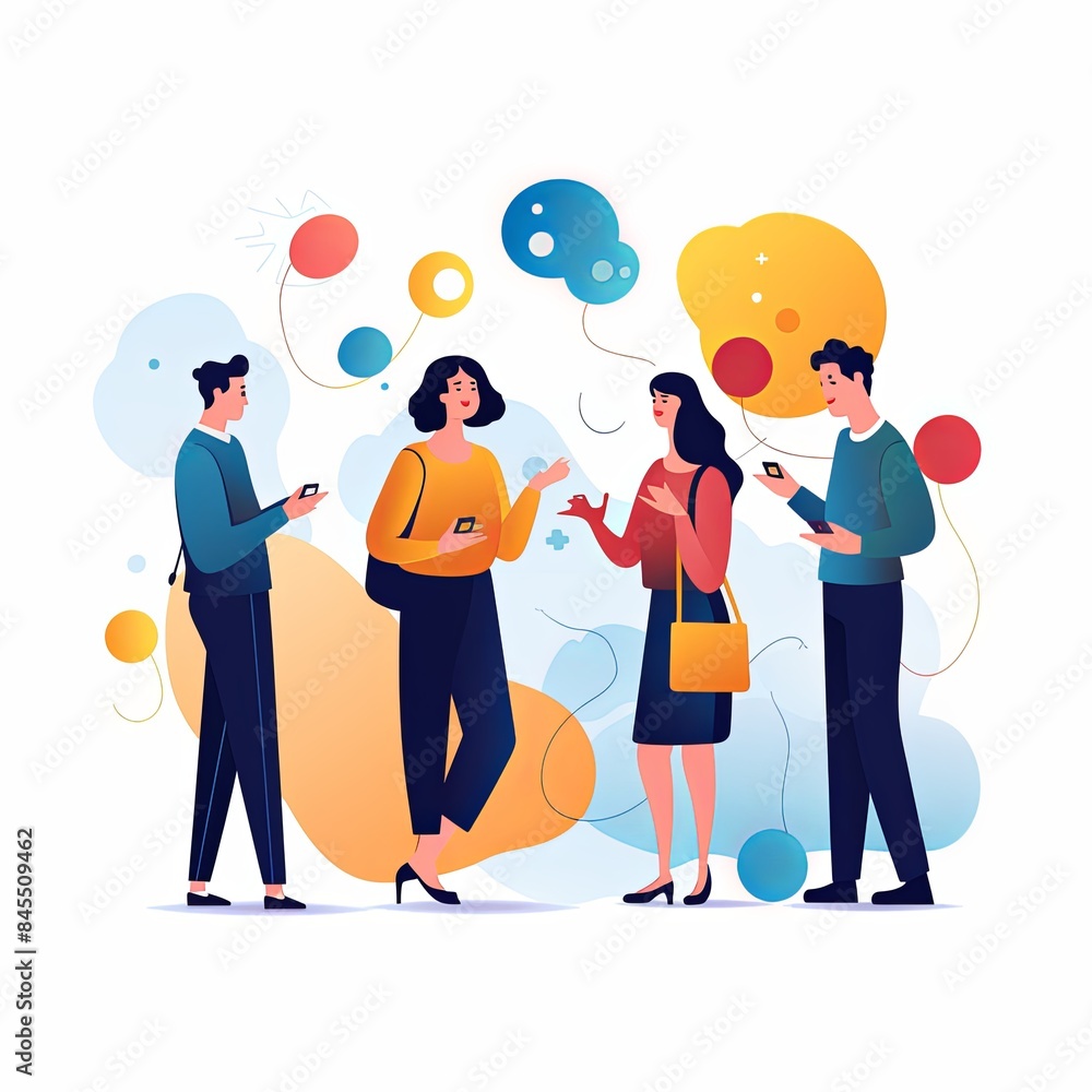 flat vector style illustration, a diverse group of people talking and collaborating flat vector style illustration, a diverse group of people talking and collaborating