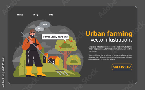 Engaged gardener promotes community gardens. Flat vector illustration