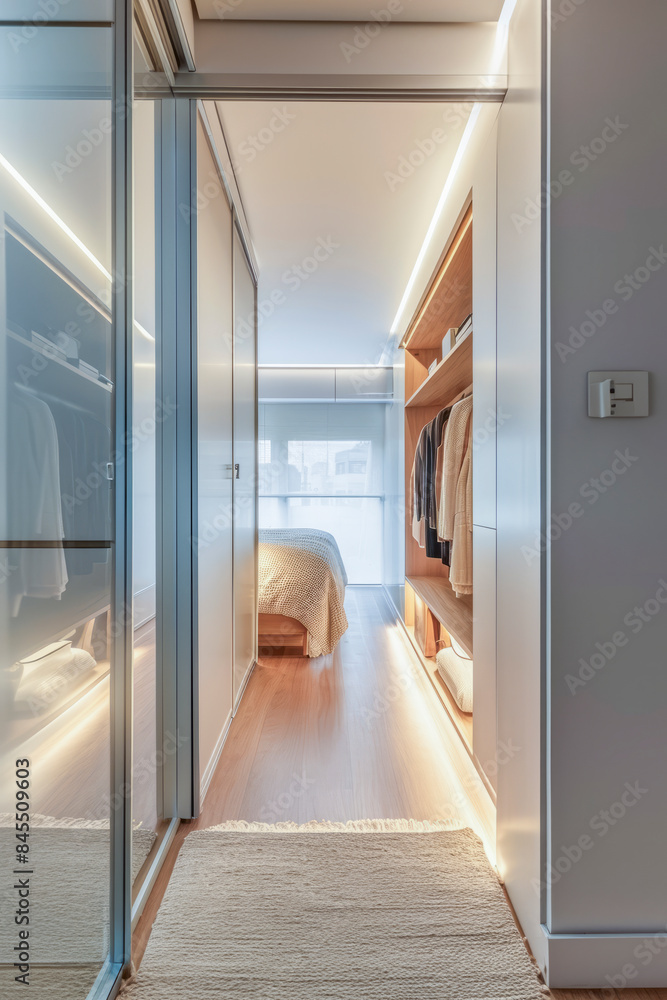 a modern, well-lit walk-in closet leading to a cozy bedroom with a neatly made bed