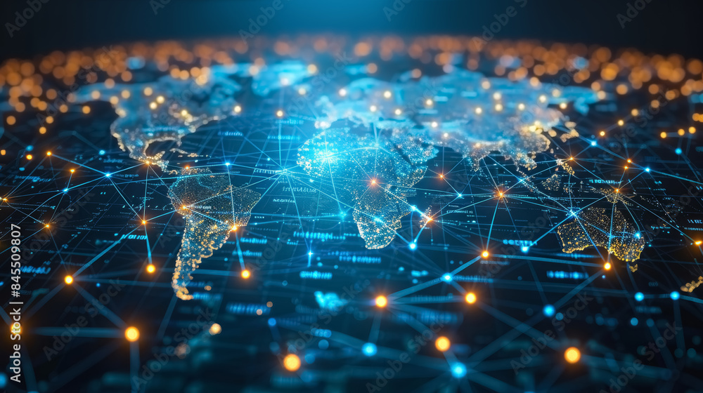 Fototapeta premium Digital illustration of global network and business logistics concept with small connected dots on a blue world map background. International import, export, distribution and transportation concept. 