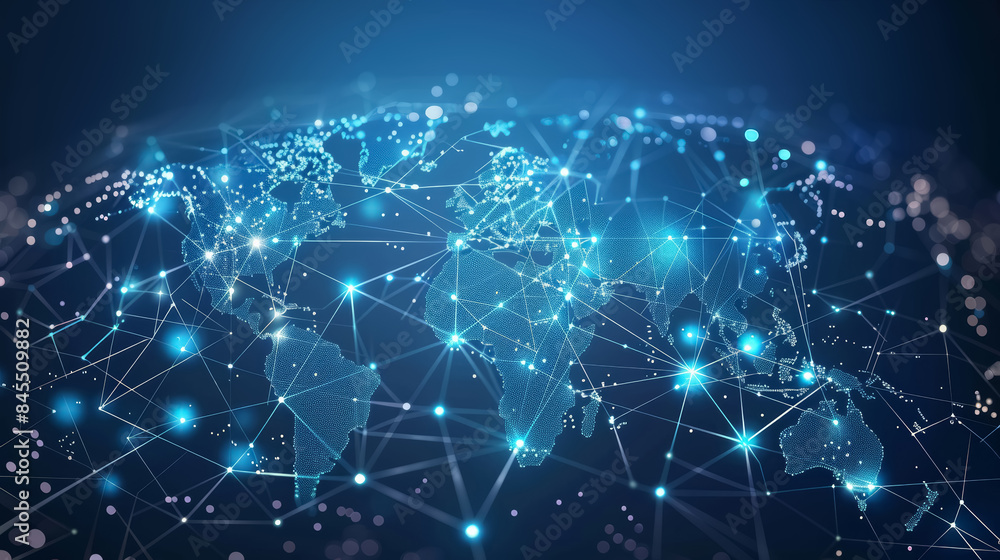 Digital illustration of global network and business logistics concept with connected glowing icons on a blue world map background. International import, export, distribution and transportation. Digital illustration of global network and business logistics concept with connected glowing icons on a blue world map background. International import, export, distribution and transportation.