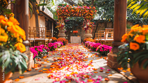 Beautiful wedding ceremony setup with colorful floral decorations and traditional elements photo