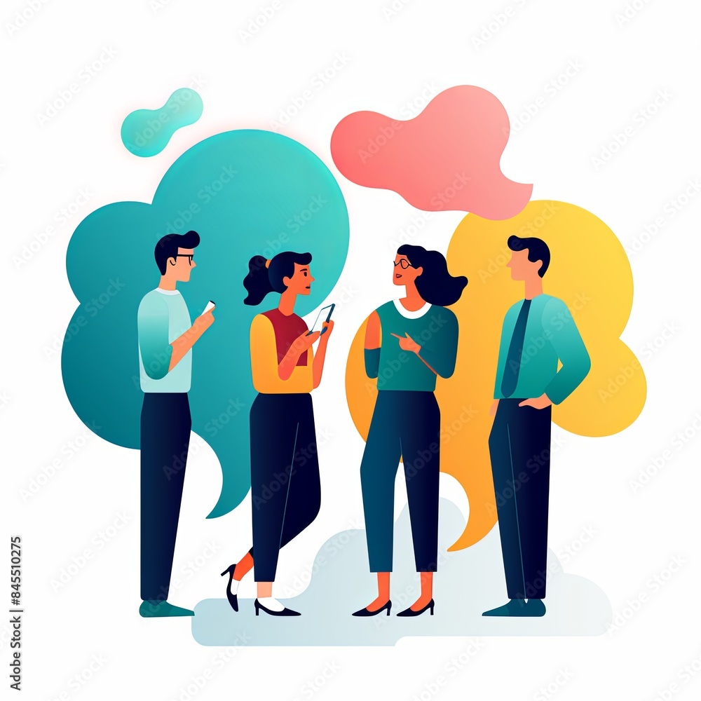 flat vector style illustration, a diverse group of people talking and collaborating flat vector style illustration, a diverse group of people talking and collaborating