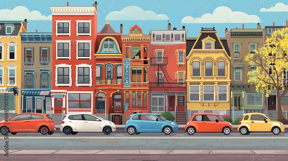 Fototapeta premium Cultural Crossroads: Images of City Cars in Front of Diverse Urban Neighborhoods and Landmarks