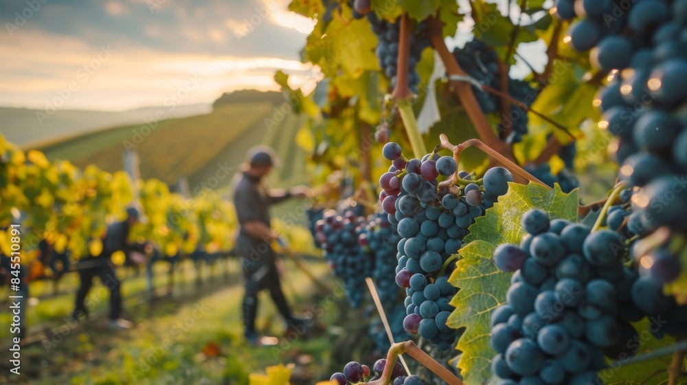 Obraz premium Vineyard with ripe grapes at sunset. People harvesting grapes. Grape cluster in foreground. Rural landscape, perfect for wine production.