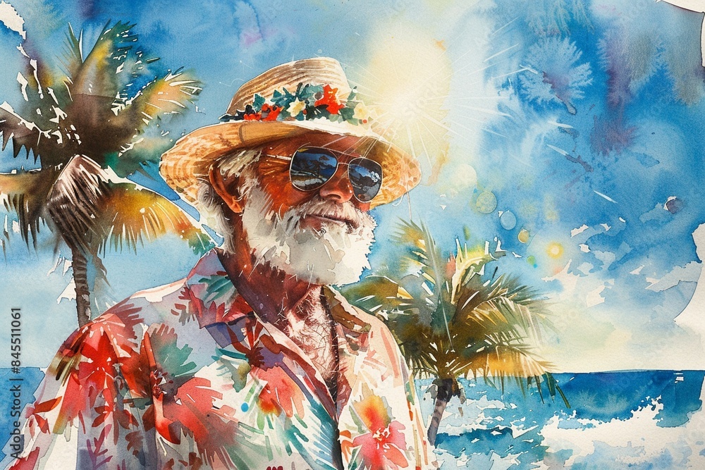 Fototapeta premium Vibrant Christmas in July, Santa in Hawaiian shirt, decorated palm trees, bright sun, festive beach party, watercolor, highly detailed