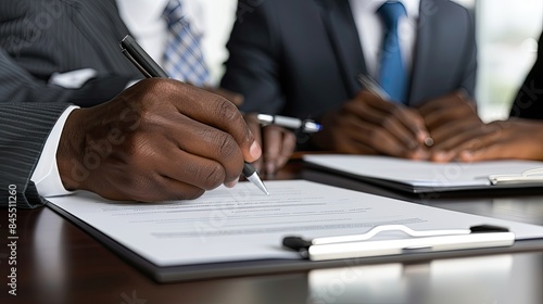 hands holding a pen and papers, signing an official document or contract on a table in a meeting room, with the blurred figures of black business people in the background. © ZinaZaval