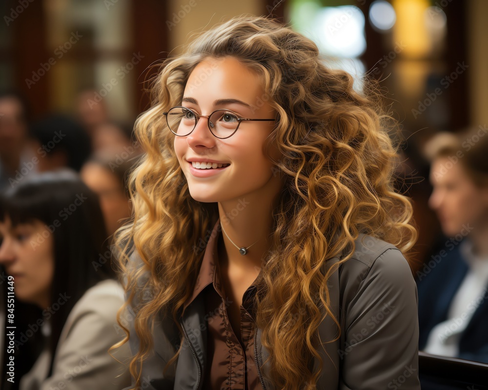 Young woman with curly hair and glasses smiling in a classroom setting, surrounded by fellow students. Bright and engaging atmosphere. Young woman with curly hair and glasses smiling in a classroom setting, surrounded by fellow students. Bright and engaging atmosphere.