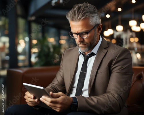 Business professional using a tablet in a modern office setting. Concentrated, wearing glasses, suit and tie, with stylish interior background. © Mind